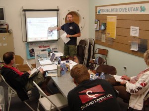 open water scuba instructor candidate practicing knowledge development presentation